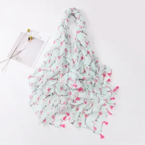 Mint green flamingo print scarf with pink tassels, lightweight summer fashion accessory for women.