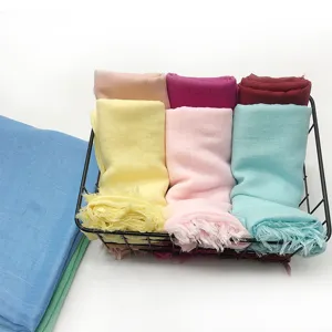 Comfortable solid color cotton linen scarf, breathable large shawl with short fringe.
