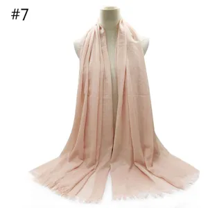 Plain color cotton blend long scarf with fringe details, lightweight and breathable accessory.