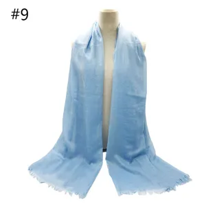 Light blue cotton linen scarf with short fringe, breathable solid color fashion shawl.
