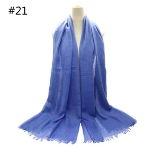 Blue cotton scarf for women, lightweight breathable long solid color shawl with short tassels.
