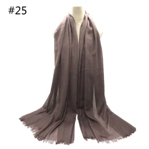 Solid color cotton linen scarf with short tassels, large breathable wrap for daily wear.