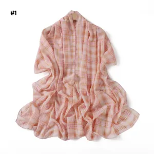 Pink plaid chiffon scarf detail view, lightweight sheer texture, elegant draped scarf display.