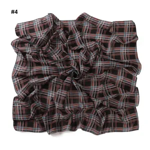Retro plaid print chiffon square scarf, elegant lightweight fabric texture detail.