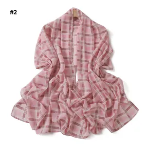 Pink plaid chiffon scarf elegant long shawl sun protection fashion women head wrap accessory