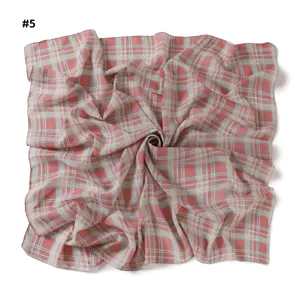 Retro plaid print pearl chiffon square scarf, elegant sun protection shawl for women.