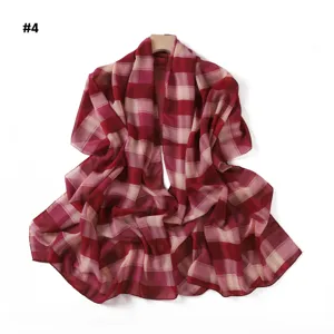 Red pink plaid long scarf, chiffon shawl wrap, stylish elegant women fashion neckerchief.