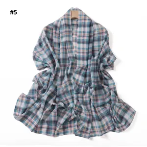 Blue plaid pearl chiffon long scarf fashion elegant women sun protection shawl wrap.