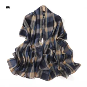 Elegant blue beige plaid chiffon scarf, versatile long shawl and sun protection wrap.