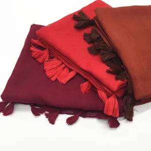 Solid color cotton linen long scarf with tassels, lightweight breathable headwrap shawl.