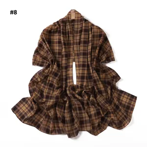 Brown plaid pearl chiffon long scarf, elegant sun protection shawl and stylish neck wrap.