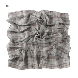 Vintage plaid chiffon square scarf, elegant geometric line print sunscreen shawl for women.