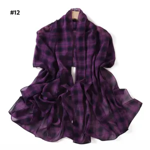 Purple plaid chiffon scarf detail, lightweight elegant fabric, breathable summer sun shawl.