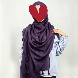 Plain purple breathable thin voile hijab scarf with tassels for women, elegant long head wrap.