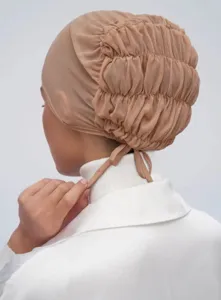 Plain mesh breathable elastic inner cap for women, adjustable tie-back hijab cap under scarf.