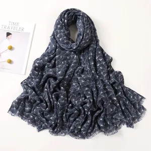 Elegant blue fan printed cotton linen scarf womens large floral shawl wrap fashion accessory
