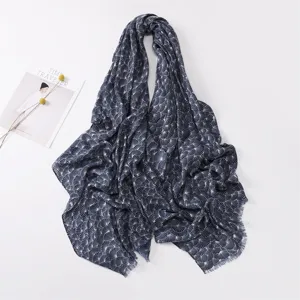 Navy blue fan printed cotton linen scarf versatile women large shawl for daily autumn wear.