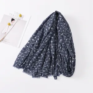 Navy blue fan patterned cotton linen scarf shawl, elegant vintage floral print design.