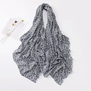 Detailed view of forest style blue fan printed cotton linen scarf, elegant large shawl.