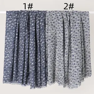 Cotton linen fan print scarf, forest style women shawl, versatile navy blue large wrap apparel.