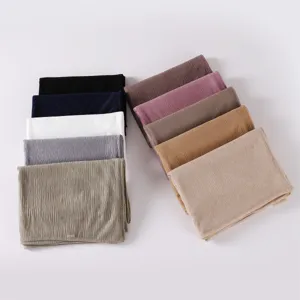 Solid color pleated hijab scarf for women, elastic breathable crinkle jersey Muslim headwear.