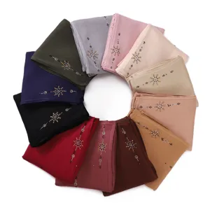 Women stretch breathable solid color rhinestone jersey hijab scarf multi-color display