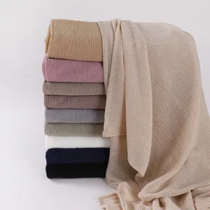 Women Solid Color Pleated Long Scarf Elastic Breathable Jersey Hijab Wrap Fashion Casual Sun Protection Polyester Scarf