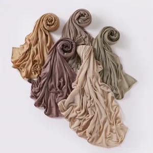 Solid color elastic breathable pleated crinkle hijab scarf for women daily wear stylish wrap.