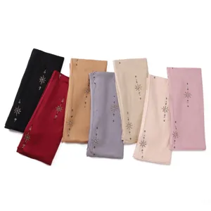 Detailed view of elastic mercerized cotton jersey hijab shawl with sparkling rhinestone details.