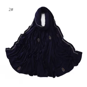 Dark blue cotton long scarf with rhinestones for women fashion accessory style.