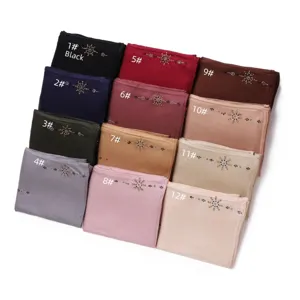Versatile shimmering rhinestone jersey hijab scarf, breathable stretch head wrap in 12 colors.