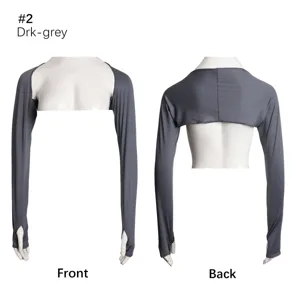Vue détaillée des manches de shrug en polyester gris foncé avec des trous pour les pouces.
