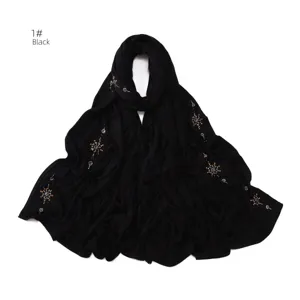 Black rhinestone embellished jersey hijab scarf for women, soft breathable stretch shawl.
