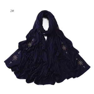 Dark blue rhinestone jersey hijab scarf, stretch breathable cotton modal wrap for women.
