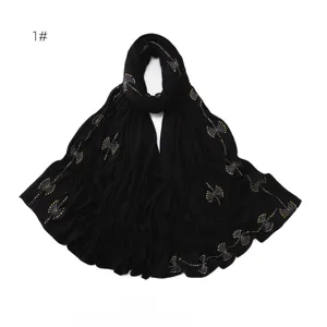 Zwarte jersey katoenen lange sjaal met strass paardebloem, elegante hijab omslagdoek voor dames.