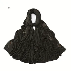 Elegant dark green jersey hijab with sparkling rhinestone ice flower design, breathable and soft.