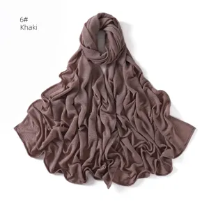 Plain pleated khaki hijab scarf, soft breathable jersey fabric, comfortable daily muslim headwear.
