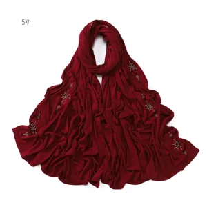 Elastic breathable solid color jersey hijab scarf with sparkling rhinestones for women.