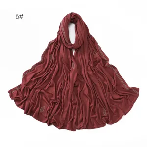 Burgundy shimmering rhinestone stretch mercerized cotton long scarf hijab for women.