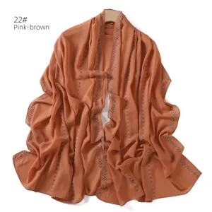 Pink-Brown Chiffon Scarf with Rhinestone Chain Hijab Elegant Long Shawl Wrap Daily