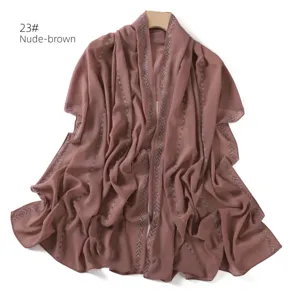 Nude-brown chiffon scarf with rhinestone chains, elegant long hijab shawl style!