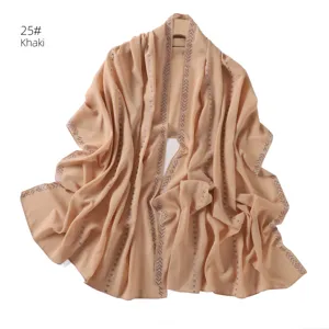 Khaki chiffon long scarf with rhinestone chains and pearls, elegant women's shawl.