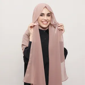 Women Hijab Scarf Set Solid Color Chiffon Shawl With Modal Cap Magnetic Buckle Muslim Headwear Daily Fashion