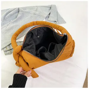 Padded shoulder bag with knot handle, large capacity solid color soft tote handbag for women.
