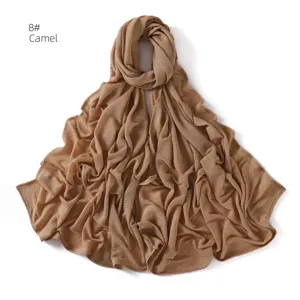 Plain pleated hijab scarf detail view, comfortable breathable material, elegant camel color design.