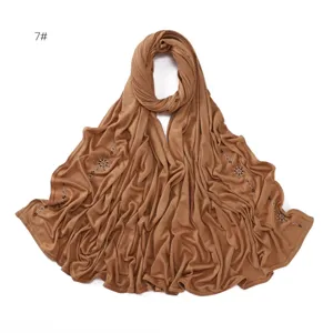 Elastic breathable solid color mercerized cotton rhinestone jersey hijab scarf for women