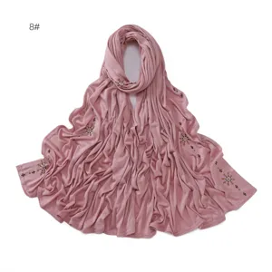 Pink shimmering ice rhinestone jersey hijab scarf detailed view, soft breathable material.
