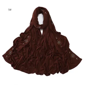 Dark brown jersey rhinestone hijab scarf, elastic breathable shimmering crystal wrap for women.