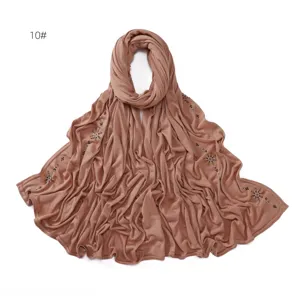 Stretchy breathable solid color mercerized cotton jersey hijab scarf with crystal rhinestones