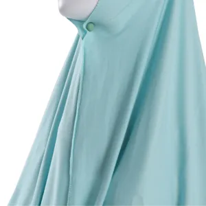 Light blue mercerized cotton hijab scarf featuring a convenient magnetic button closeup view.